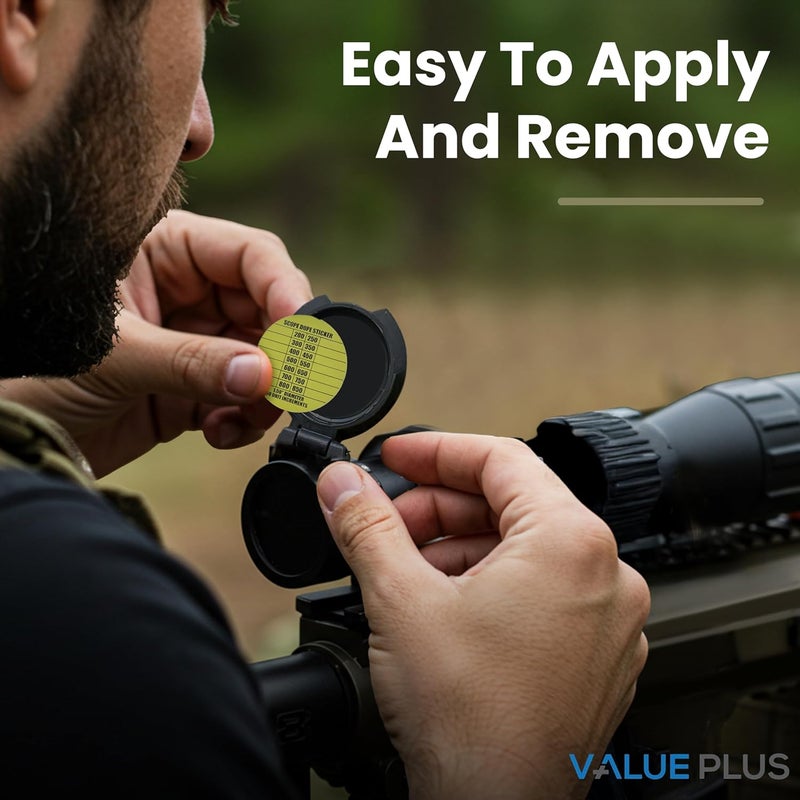 ValuePlus 14 Pack Scope DOPE Sticker for Long-Range Shooting- Rifle Scope Sticker Can Be Used with Range Card and Dope Cards for Shooting -1.5 Inch Diameter- Fits Most Scope Caps - Made in the USA - Neon Yellow - Image 5